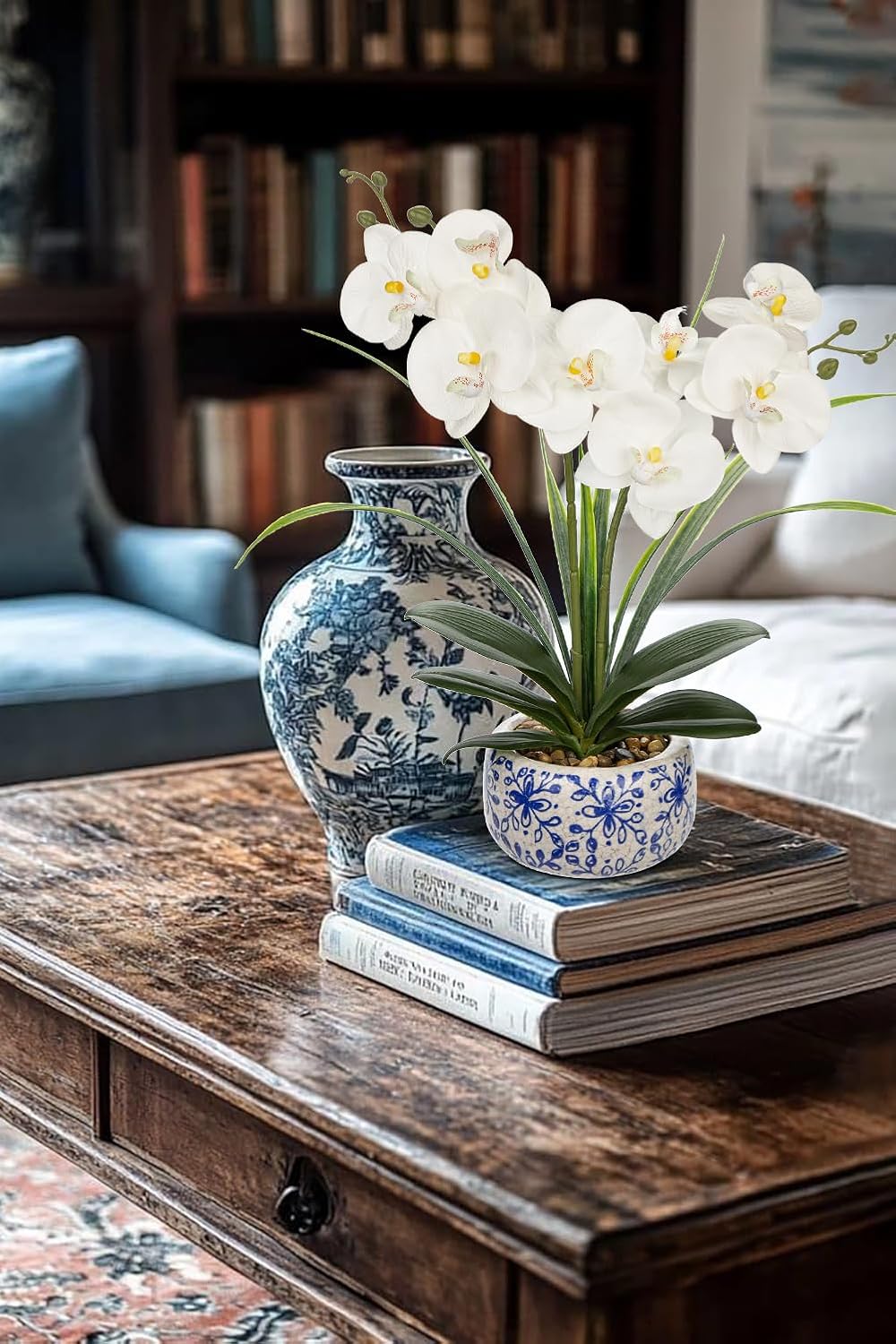 Oairse White Orchids Artificial Flowers in Blue Pot