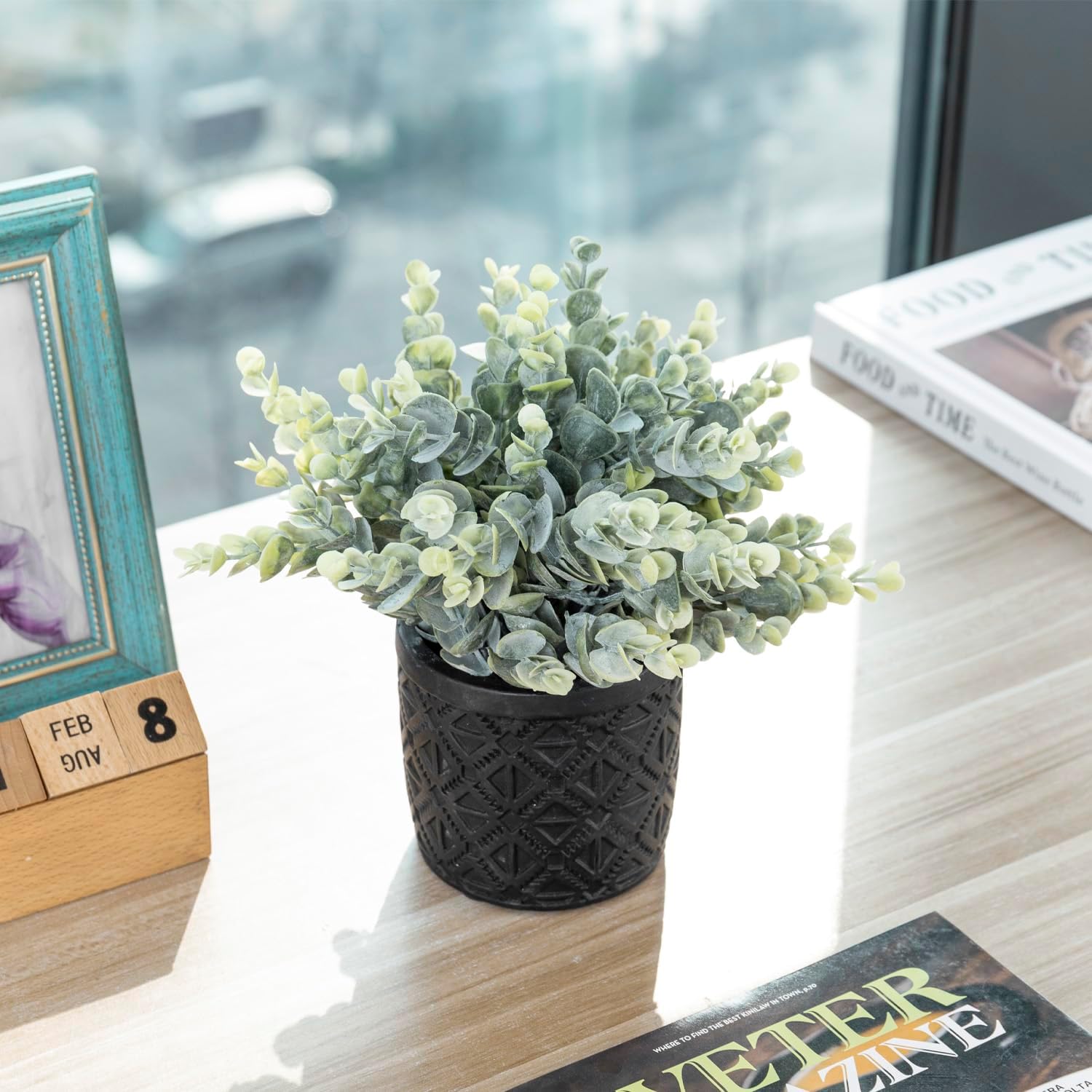 MyGift Artificial Eucalyptus Plant in Gray Concrete Pots with Geometric Pattern
