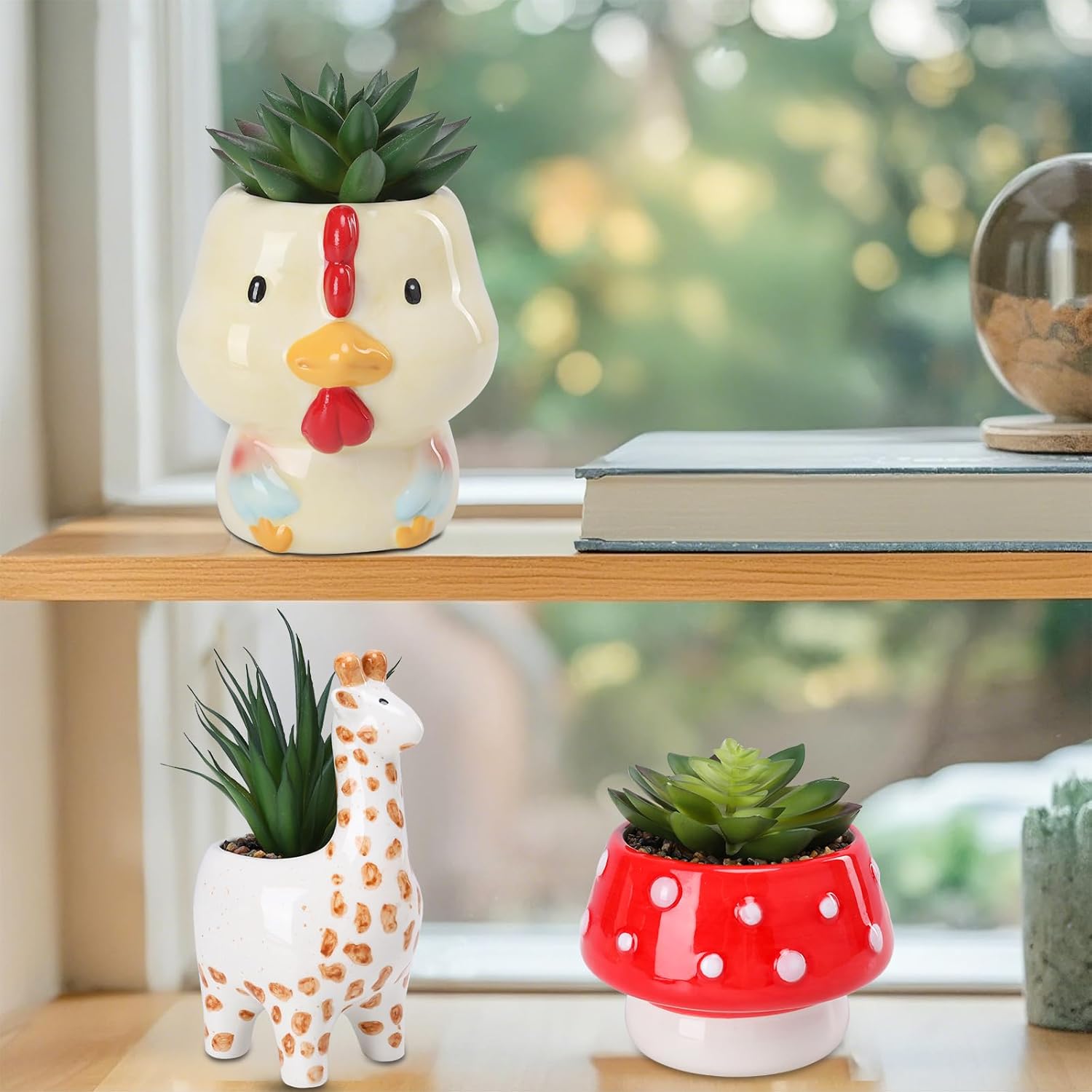 Chonsun Set of 3 Small Fake Succulent Plants in Cute Animal Ceramic Pots