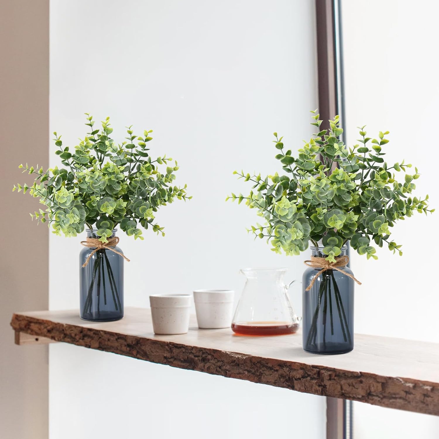 Leftover 8 Pcs Faux Eucalyptus Stems in Black Glass Vase