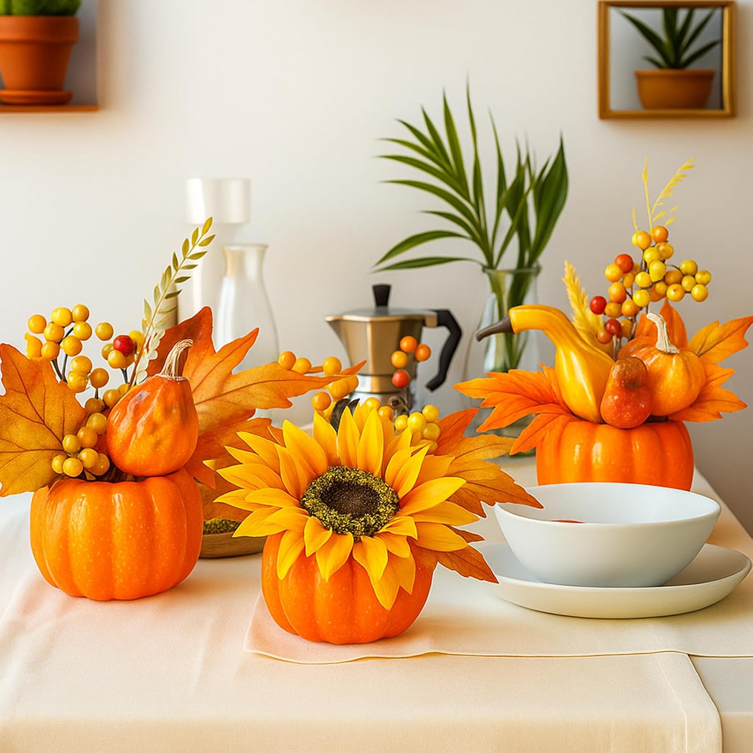 BigOtters Artificial Pumpkins with Sunflowers and Maple Leaves