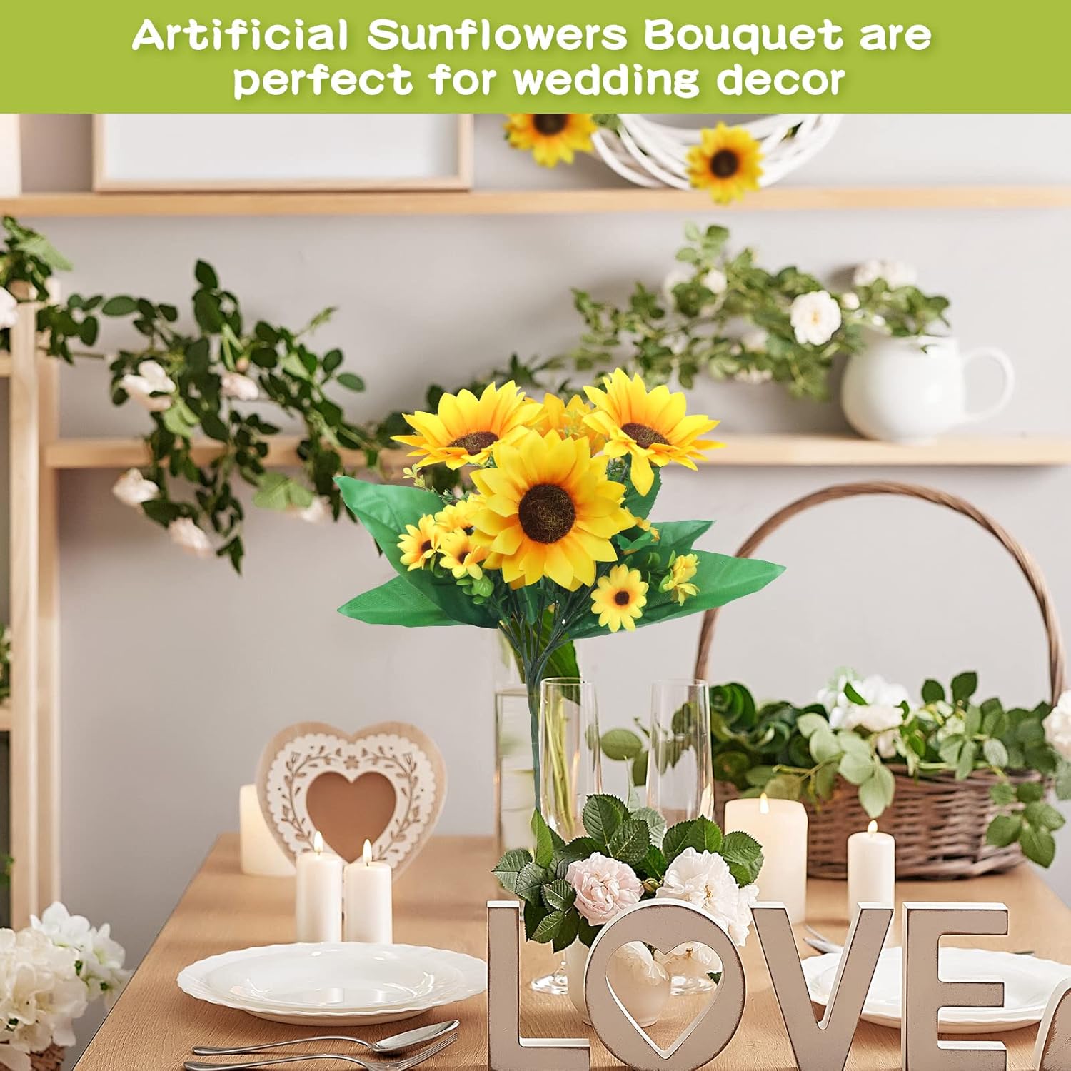 8 Pack Artificial Sunflowers with Stems for Wedding Decoration