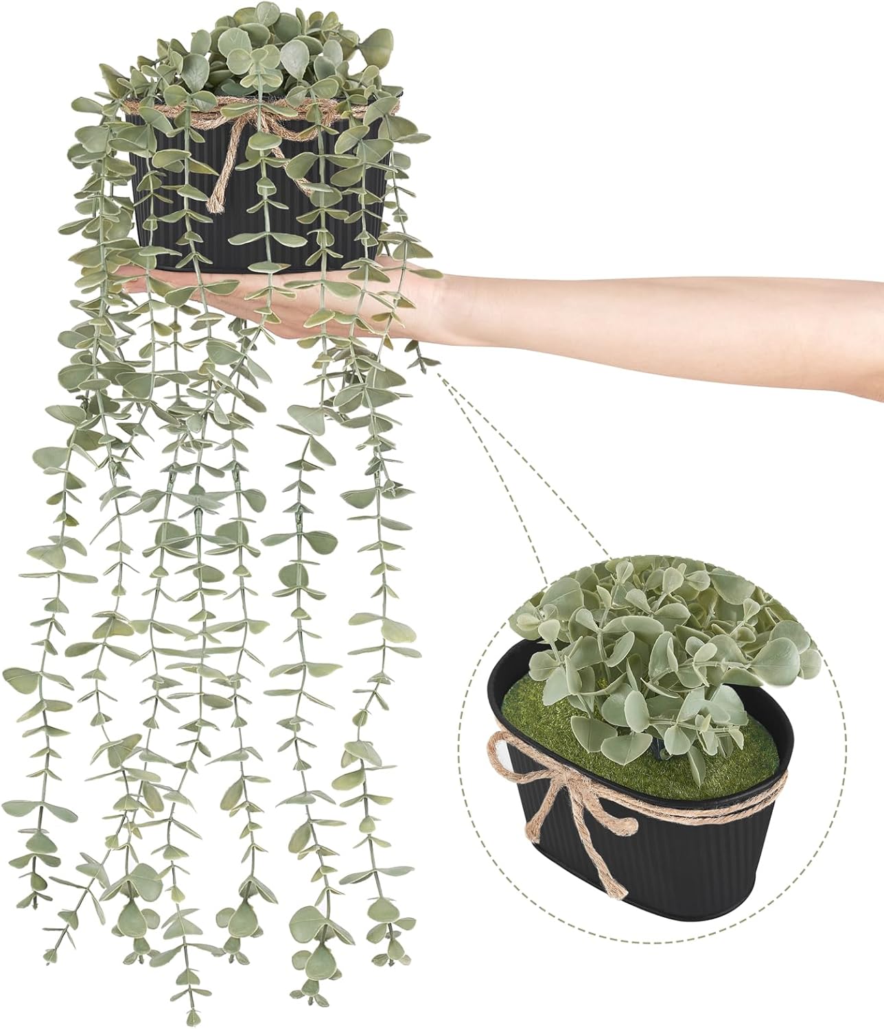 Mkono Fake Hanging Eucalyptus Plants in Galvanized Pots