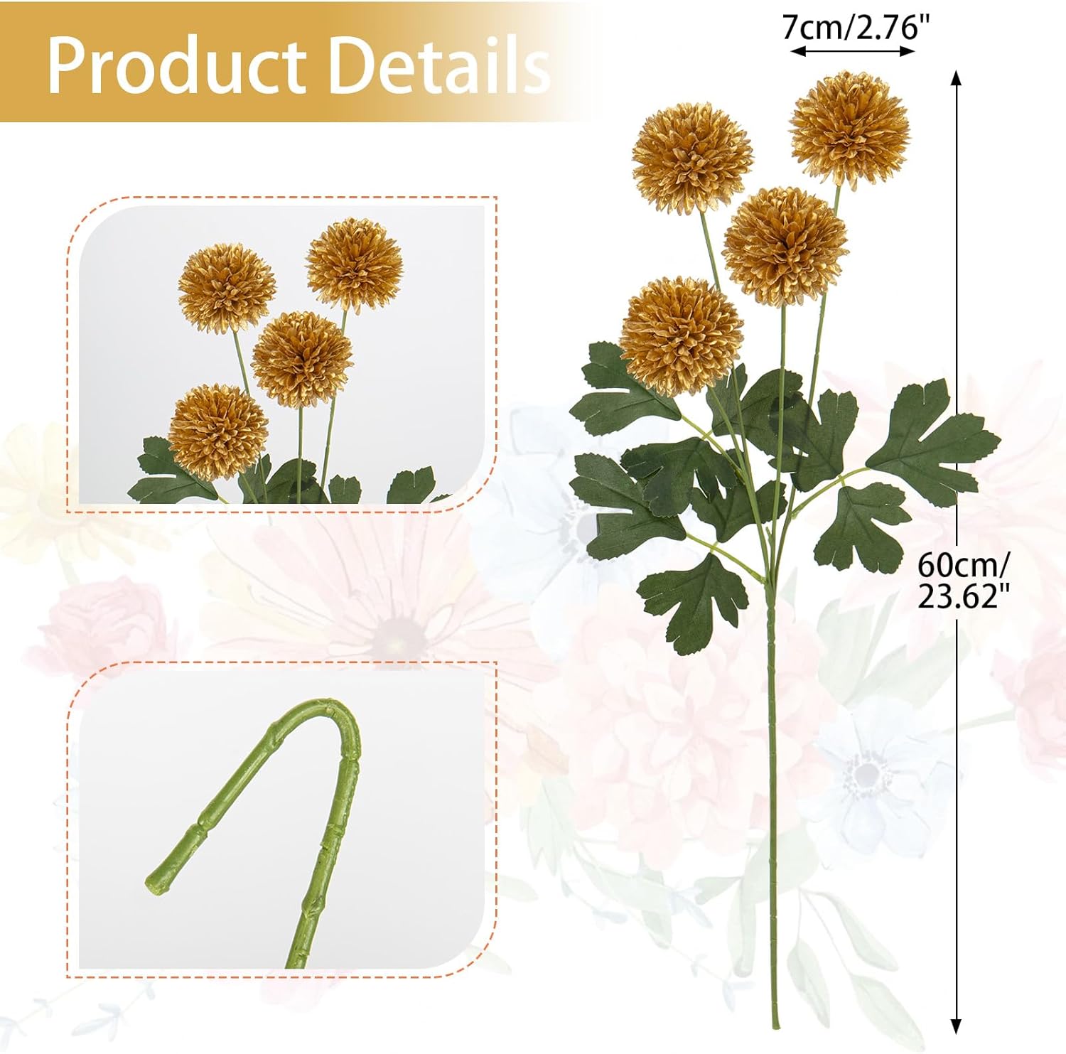 DILATATA 23 Inch Tall Chrysanthemum Artificial Flowers 4 Pack