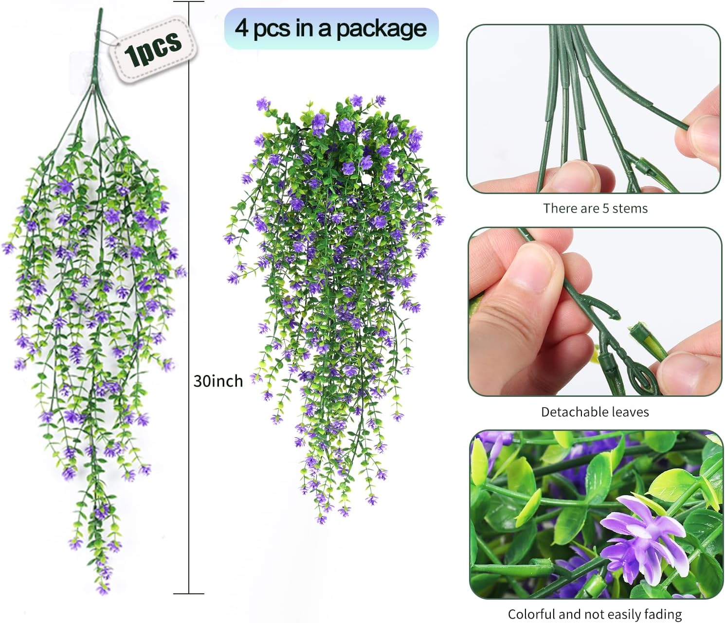 SJL Artificial Hanging Plants 4pcs Purple Faux Ivy Eucalyptus Decor