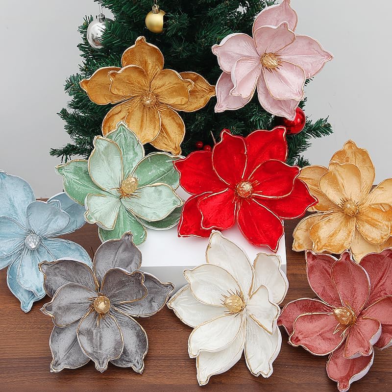 6Pcs Christmas Magnolia Artificial Flowers with Stems