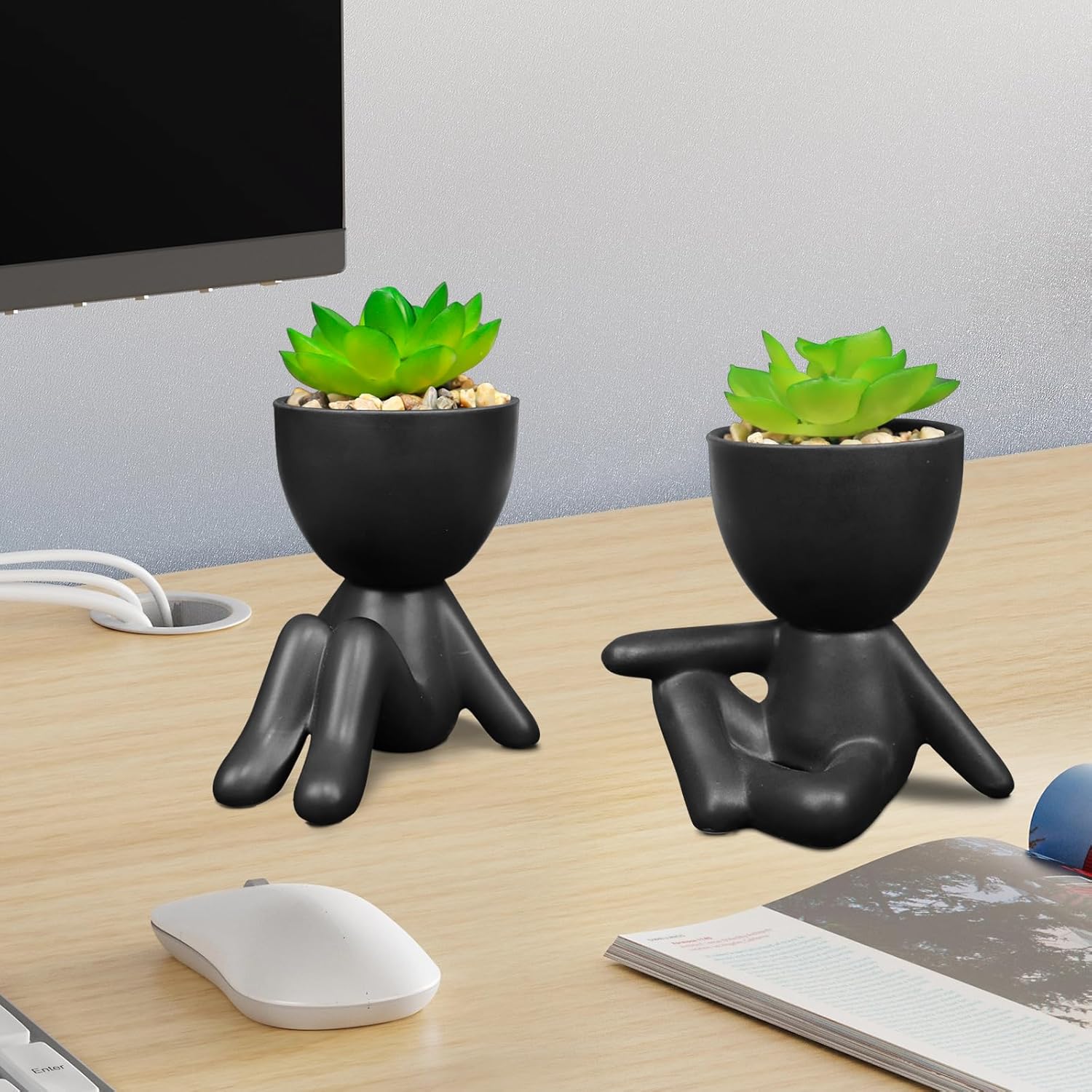 Pack of 4 Matte Black Faux Plants with Human Shaped Pots