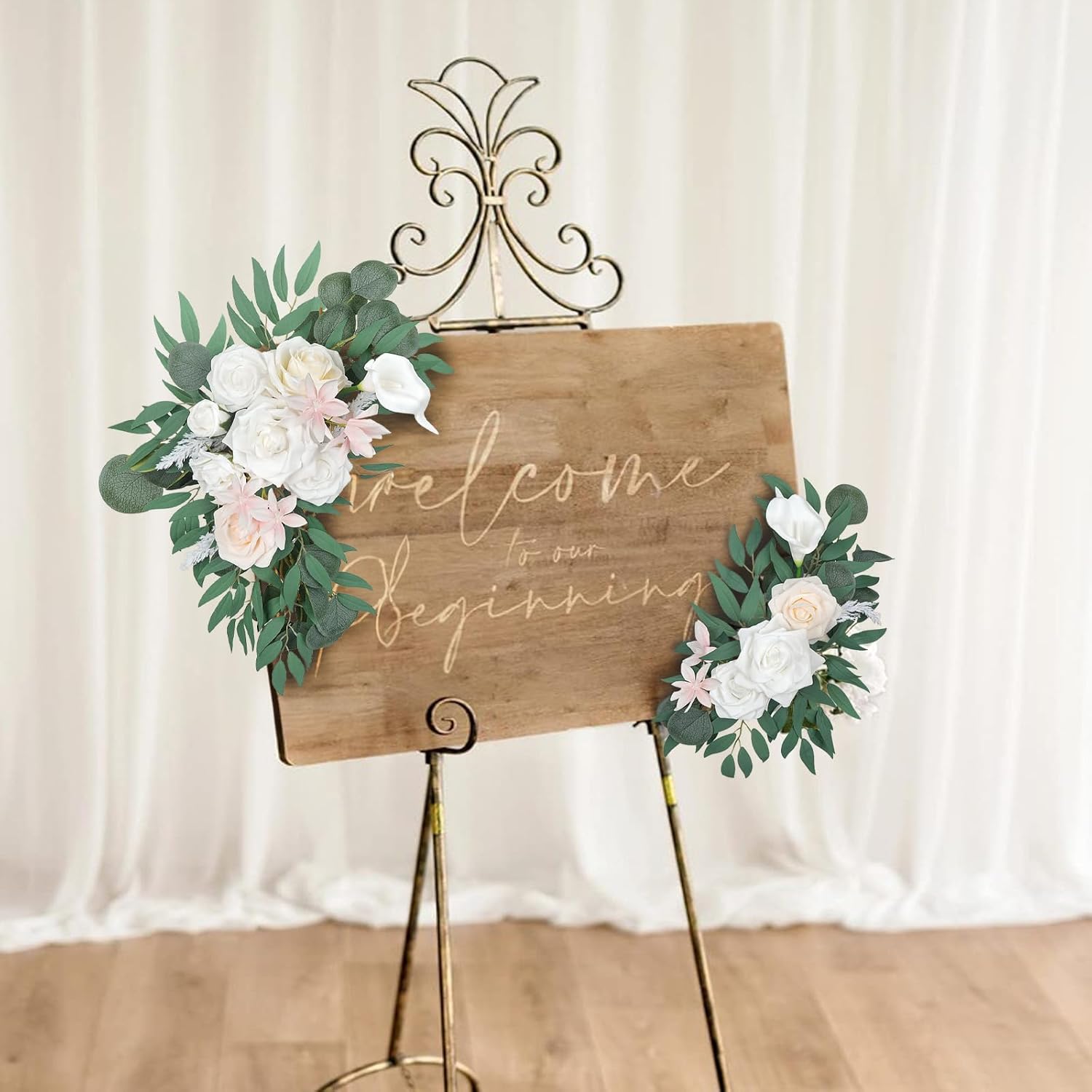 White Faux Wedding Flowers Arch Decor Sign