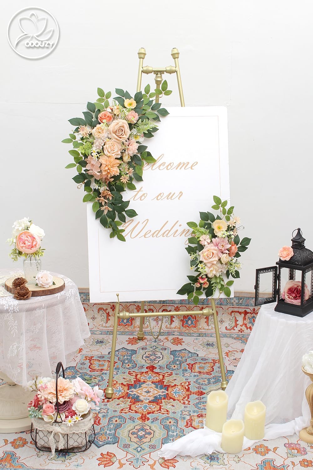 Pack of 2 Wedding Arch with Artificial Flowers and Welcome Sign