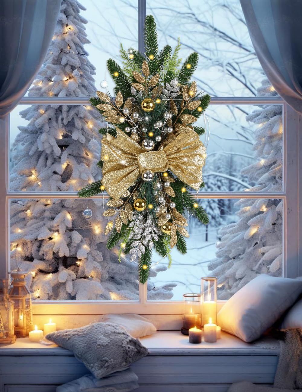 IPOPU Light Up Christmas Swag Wreath Gold
