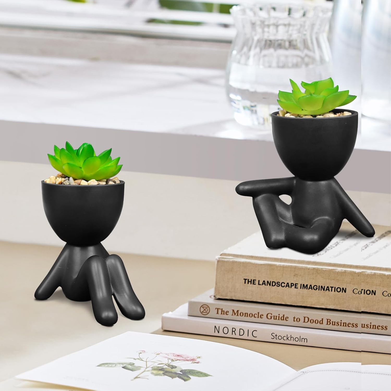 Pack of 4 Matte Black Faux Plants with Human Shaped Pots