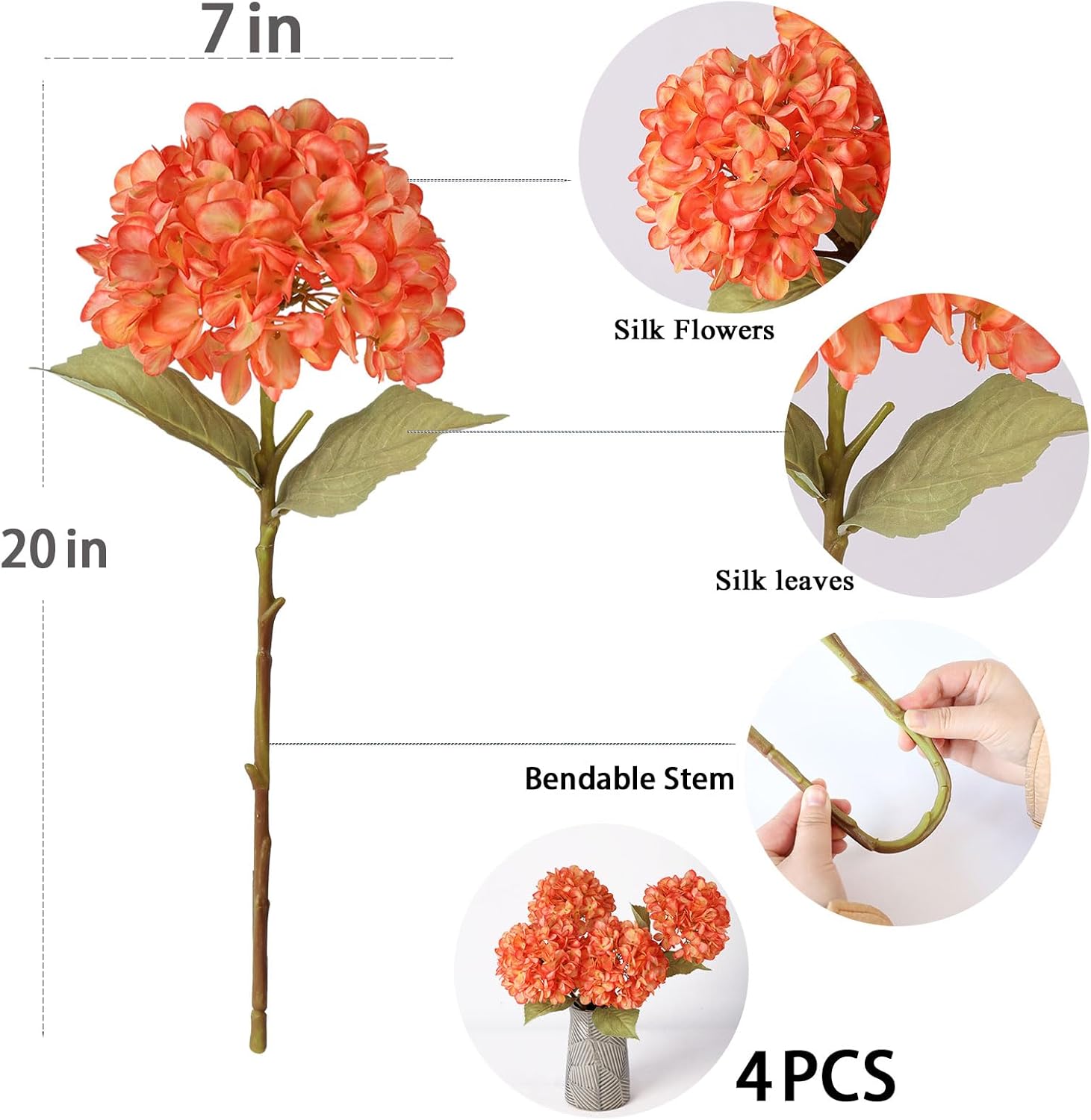 Mizii 4Pcs Orange Artificial Hydrangea with Leaves and Stems