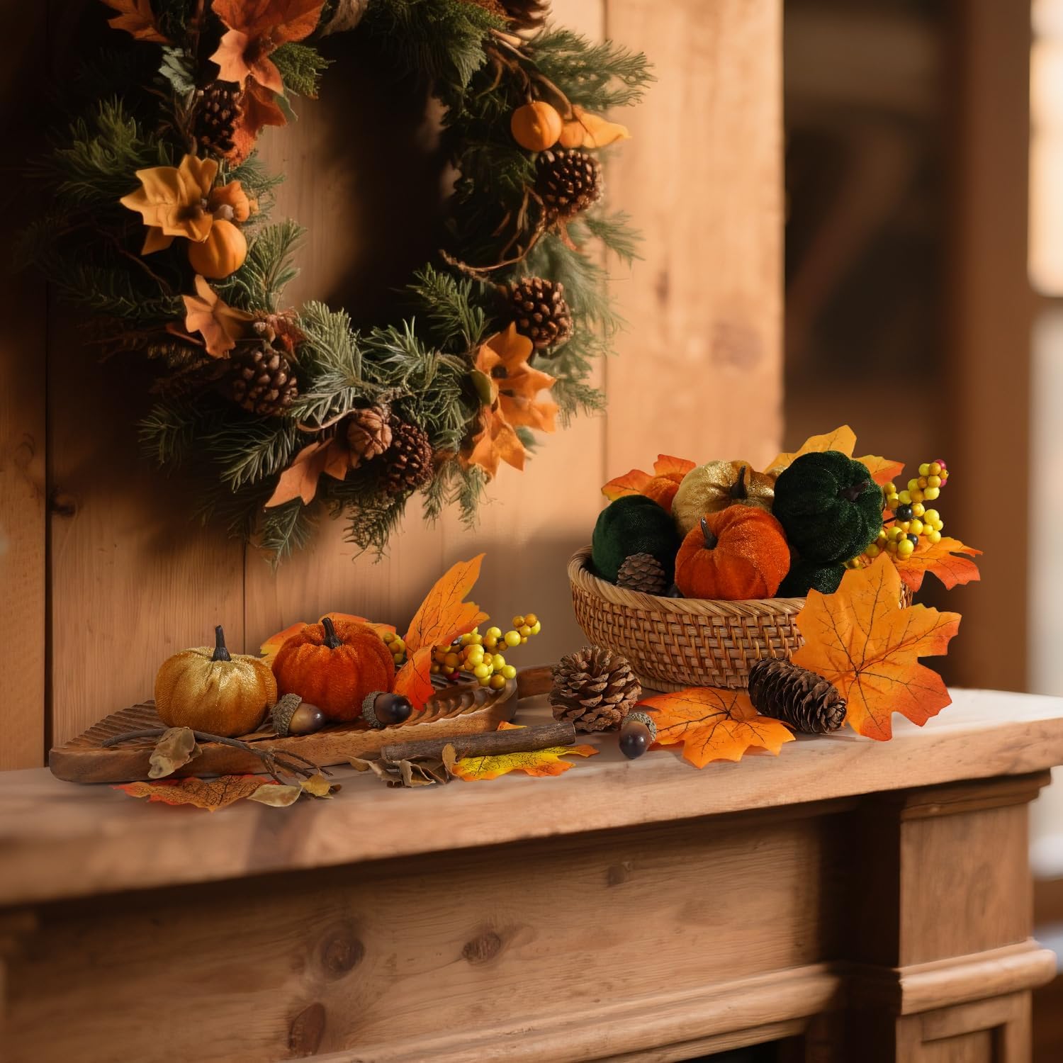 Artmag Fall Decor Set 25PCS Artificial Pumpkins Leaves Cones Berries
