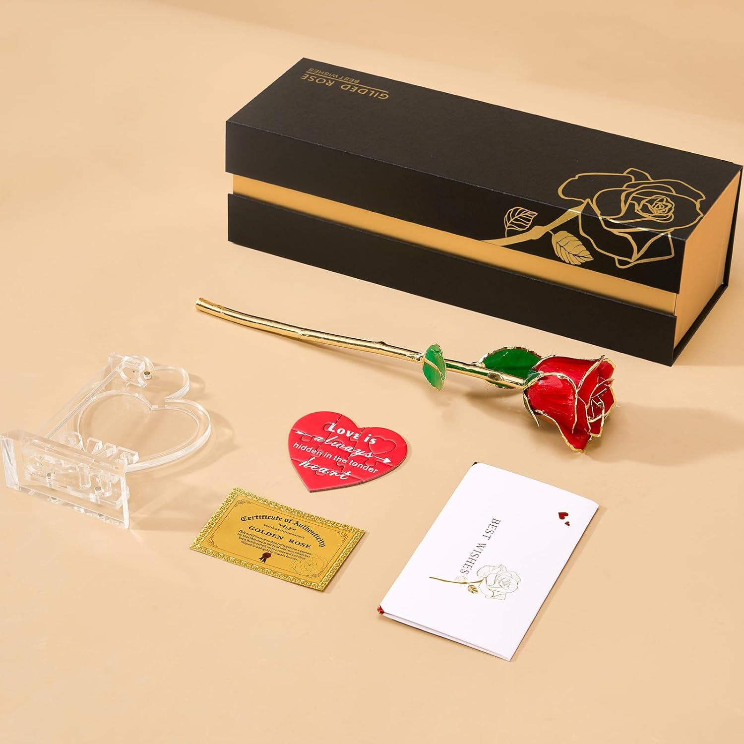 Mikasol Real 24K Gold Dipped Rose with Heart Puzzle Base