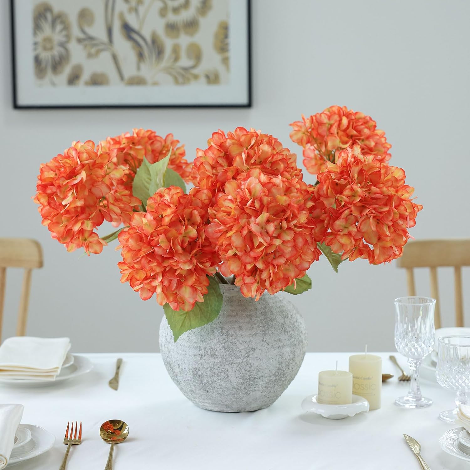 Mizii 4Pcs Orange Artificial Hydrangea with Leaves and Stems