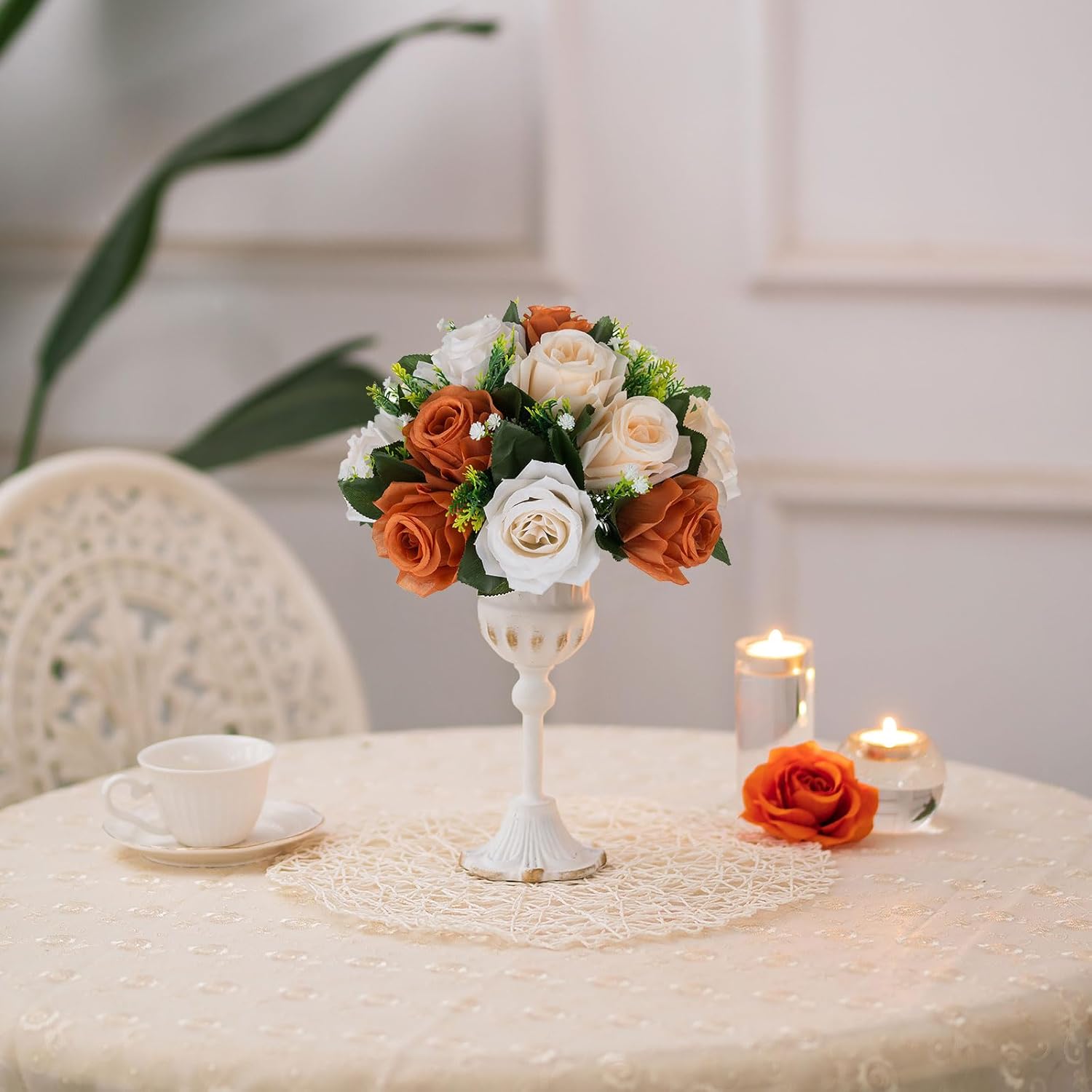 Blosmon Artificial Rose Kissing Balls 2 Pcs with Base for Wedding Centerpieces