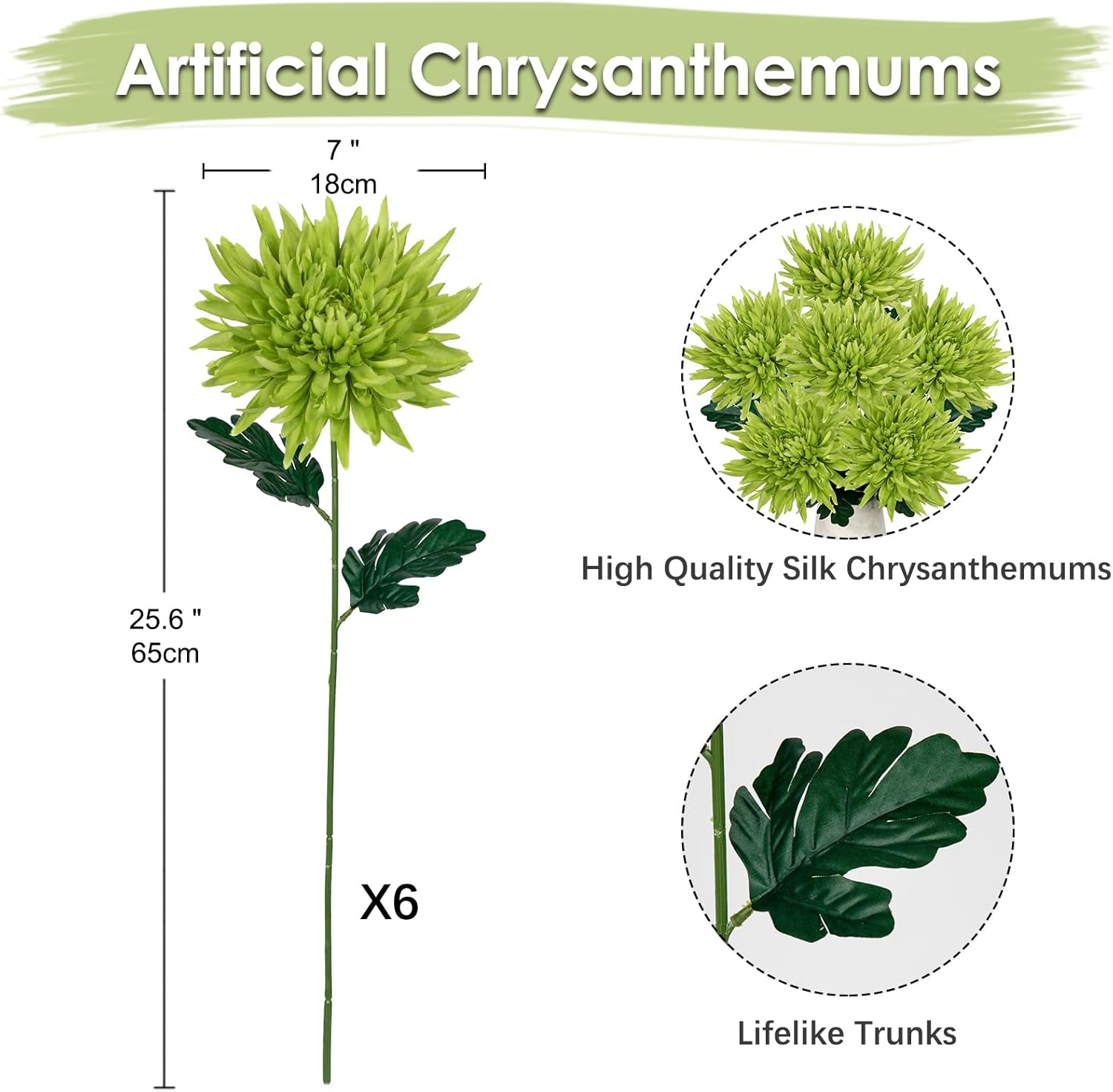 Hollyone 6Pcs Green Artificial Mums Flowers