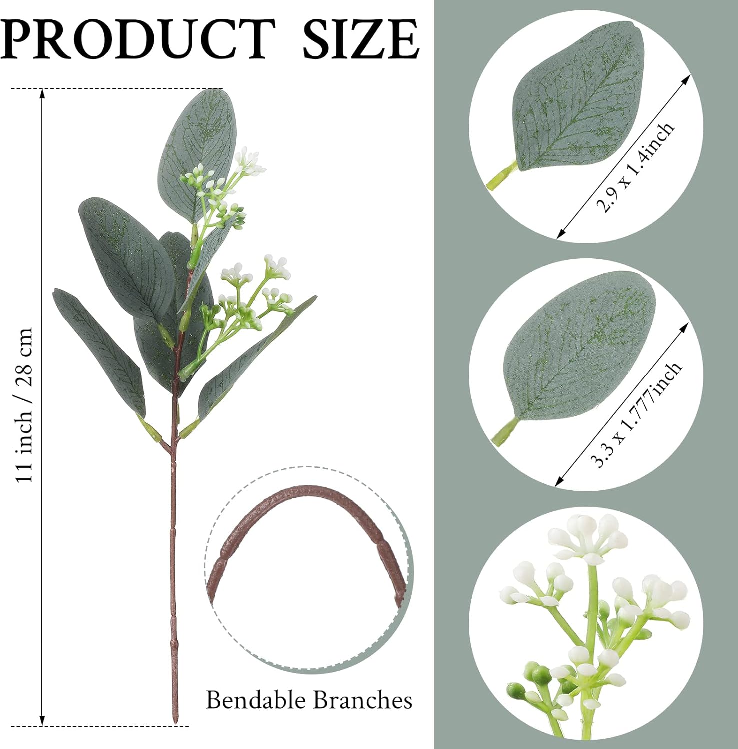 Janinka 100 Pcs Mixed Eucalyptus Artificial Leaves with White Seeds and Stems