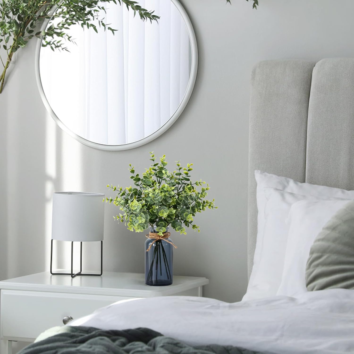 Leftover 8 Pcs Faux Eucalyptus Stems in Black Glass Vase