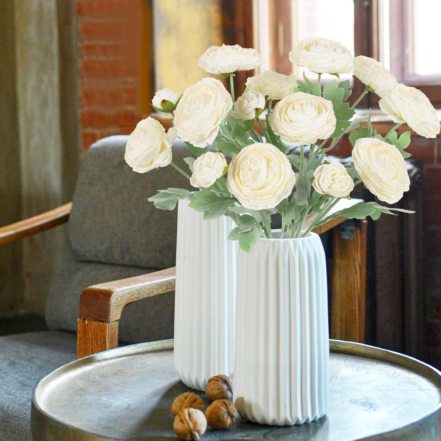 IPOPU White Silk Ranunculus Artificial Flowers 5PCS with Stems
