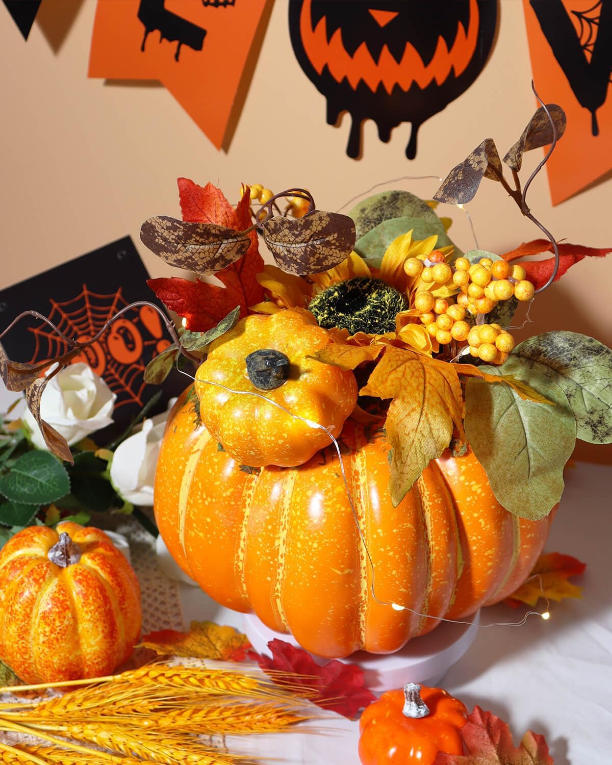 Vensovo Artificial Pumpkin Table Centerpiece - 8 Inch Faux Orange for Halloween Thanksgiving