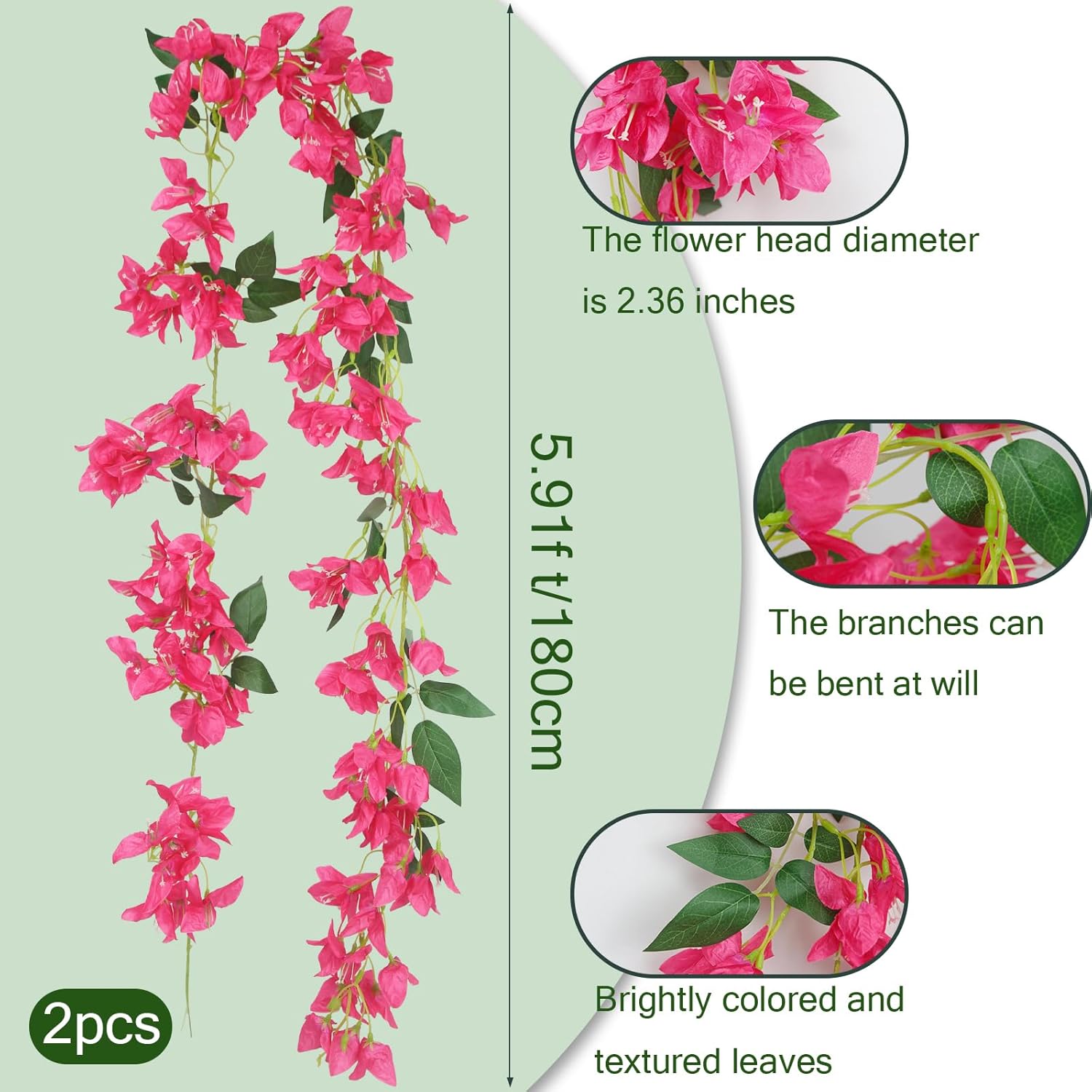 2Pcs Artificial Bougainvillea Hanging Flowers for Outdoor Decor