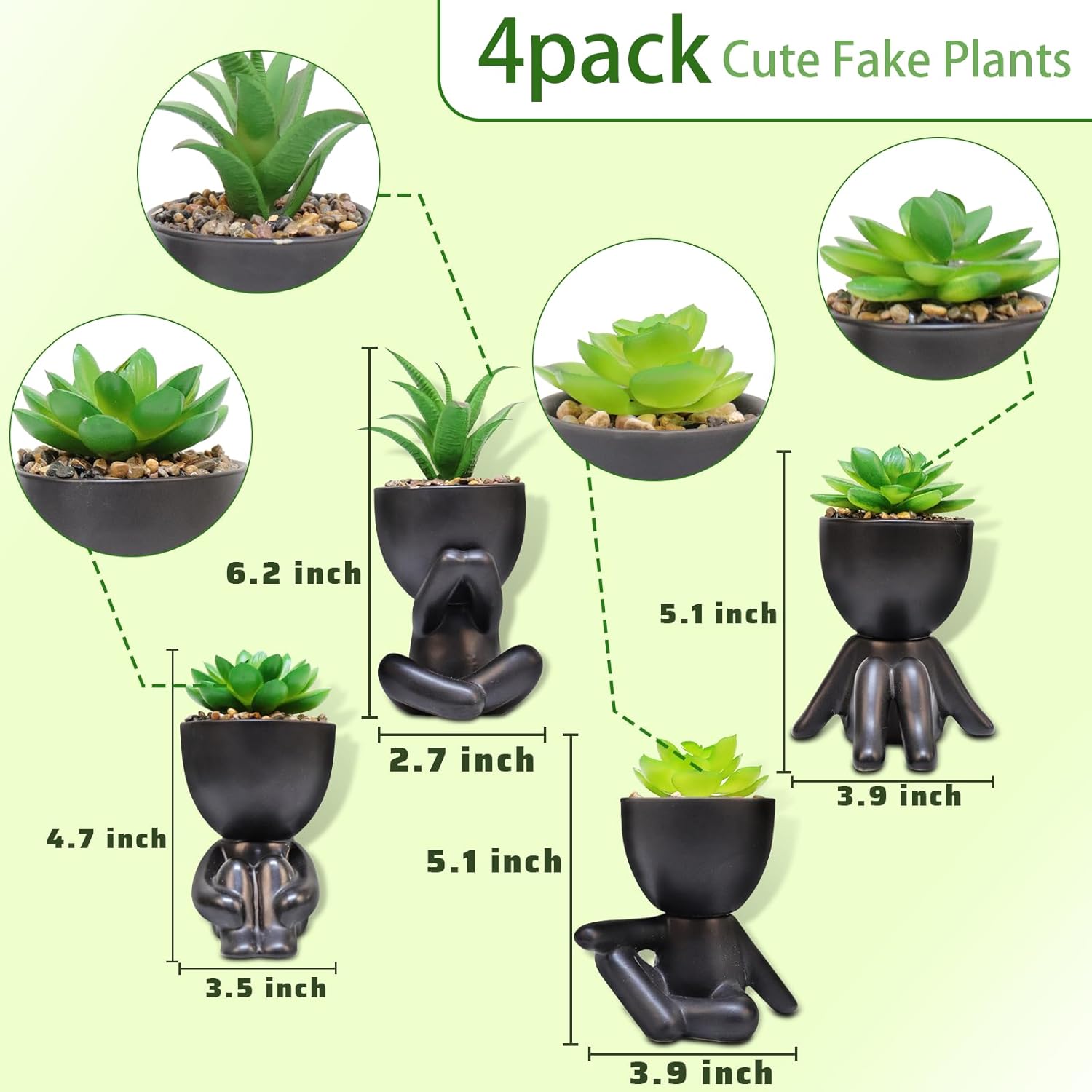 Pack of 4 Matte Black Faux Plants with Human Shaped Pots