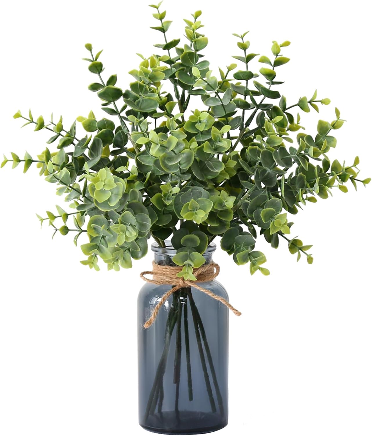 Leftover 8 Pcs Faux Eucalyptus Stems in Black Glass Vase