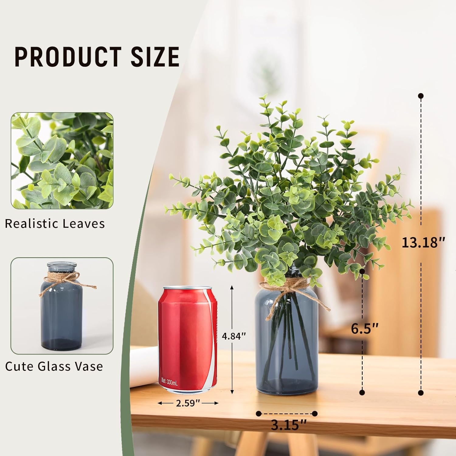 Leftover 8 Pcs Faux Eucalyptus Stems in Black Glass Vase