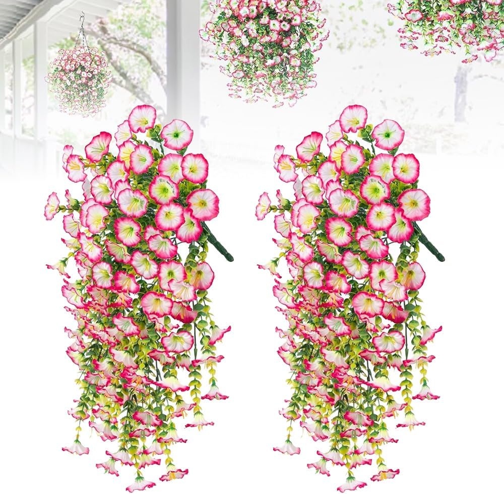 Artificial Hanging Morning Glory Flowers with Eucalyptus Leaves Pink