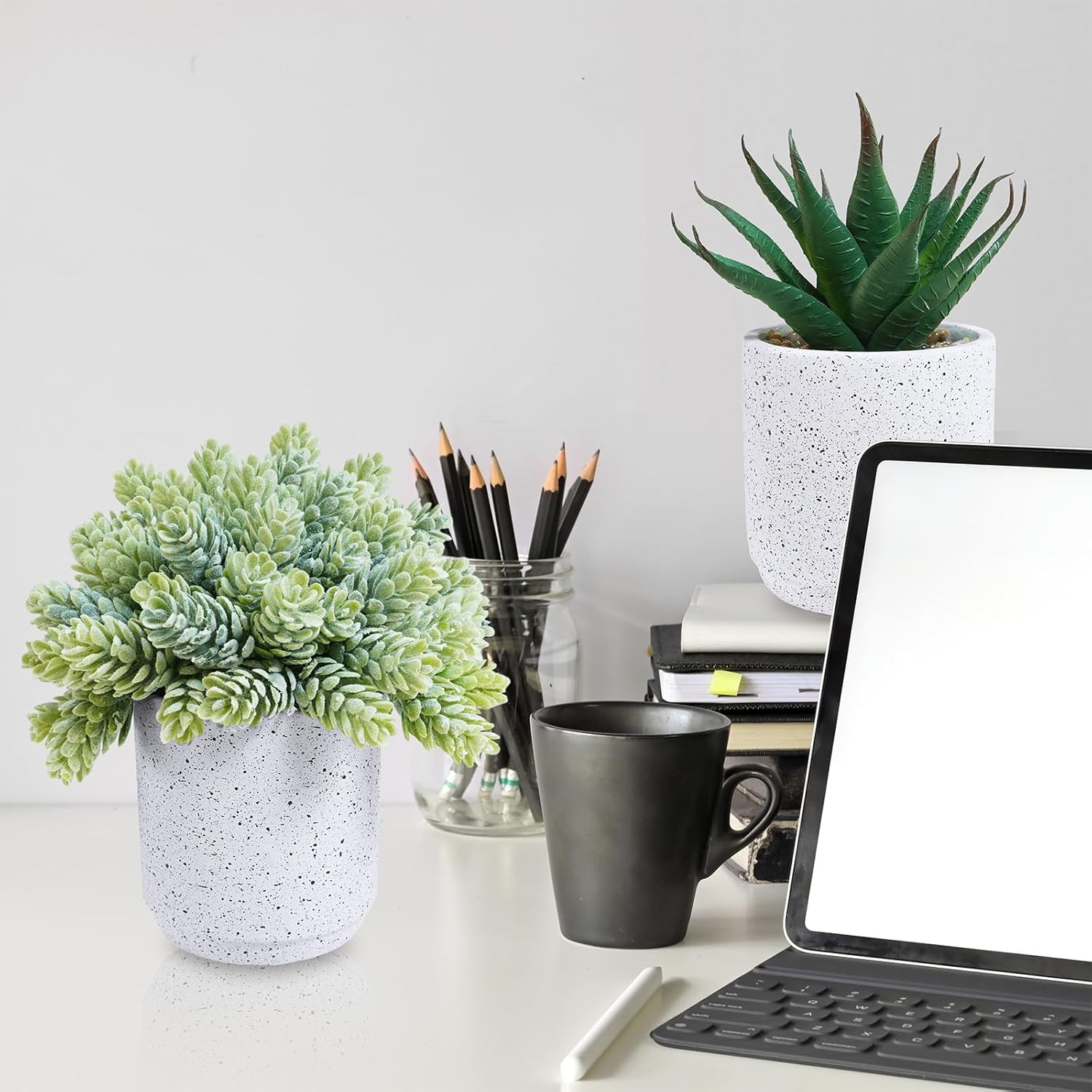 Winlyn Set of 3 Artificial Succulent Plants in White Cement Pots