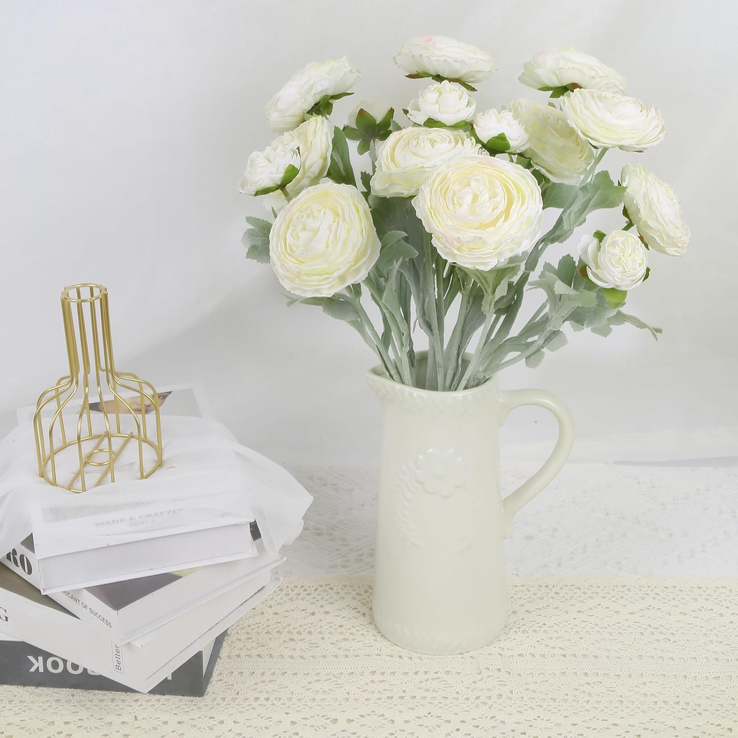 IPOPU White Silk Ranunculus Artificial Flowers 5PCS with Stems