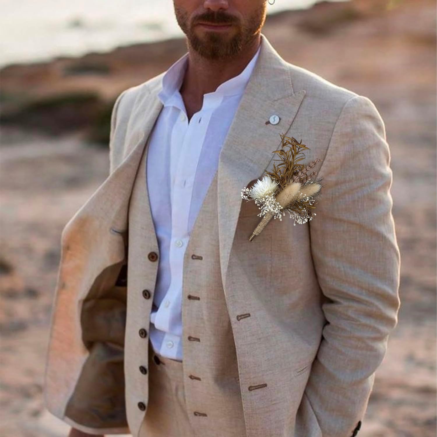 Rinlong 6Pcs Assorted Dried Flower Boutonniere for Men