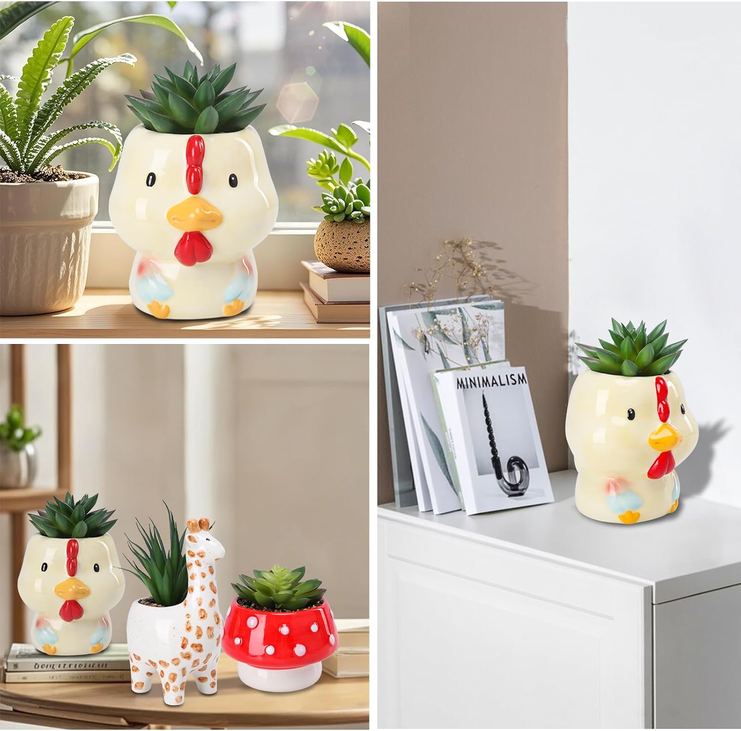 Chonsun Set of 3 Small Fake Succulent Plants in Cute Animal Ceramic Pots