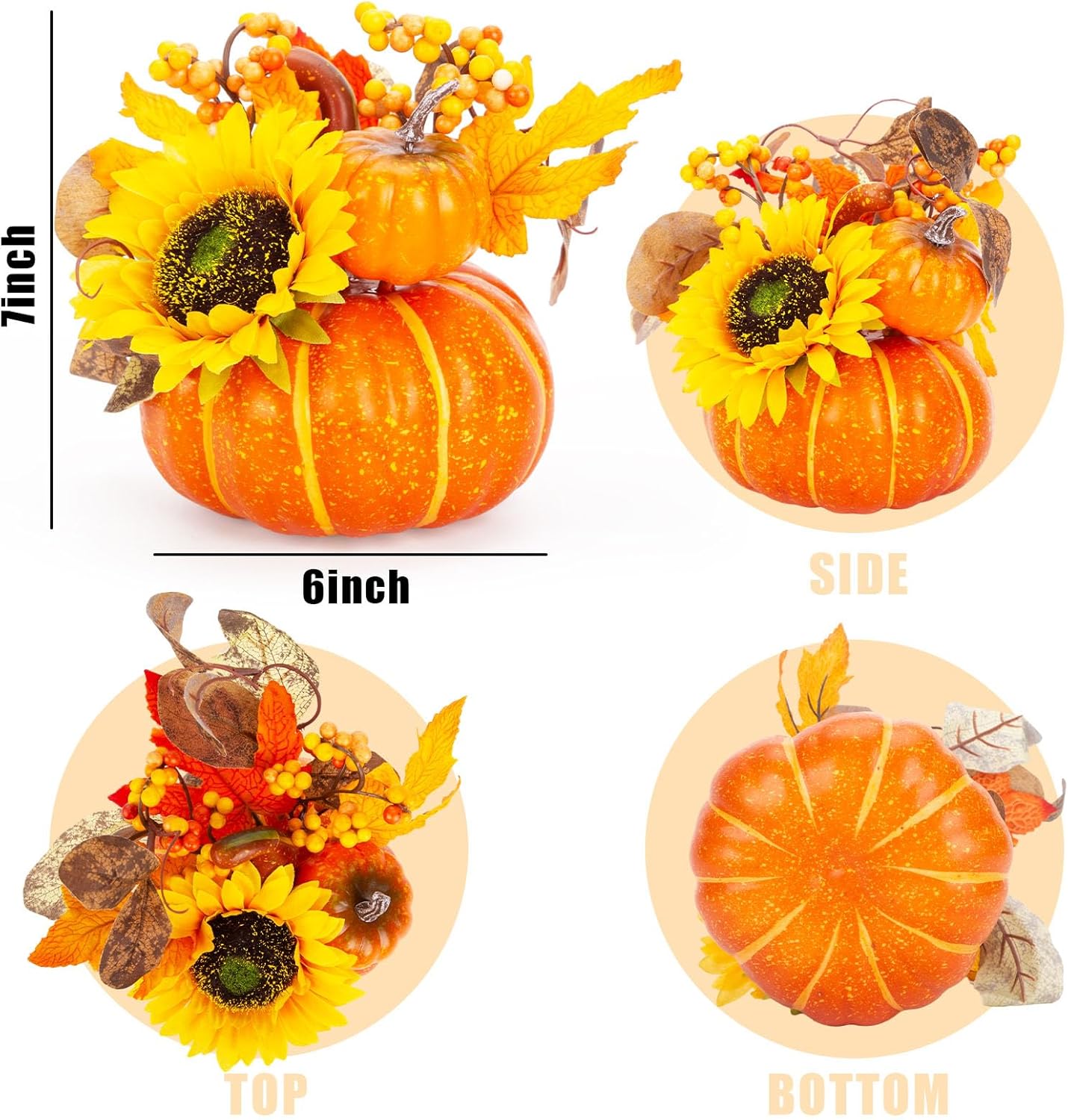 BigOtters 7 Inch Artificial Pumpkin with Sunflower and Maple Leaves