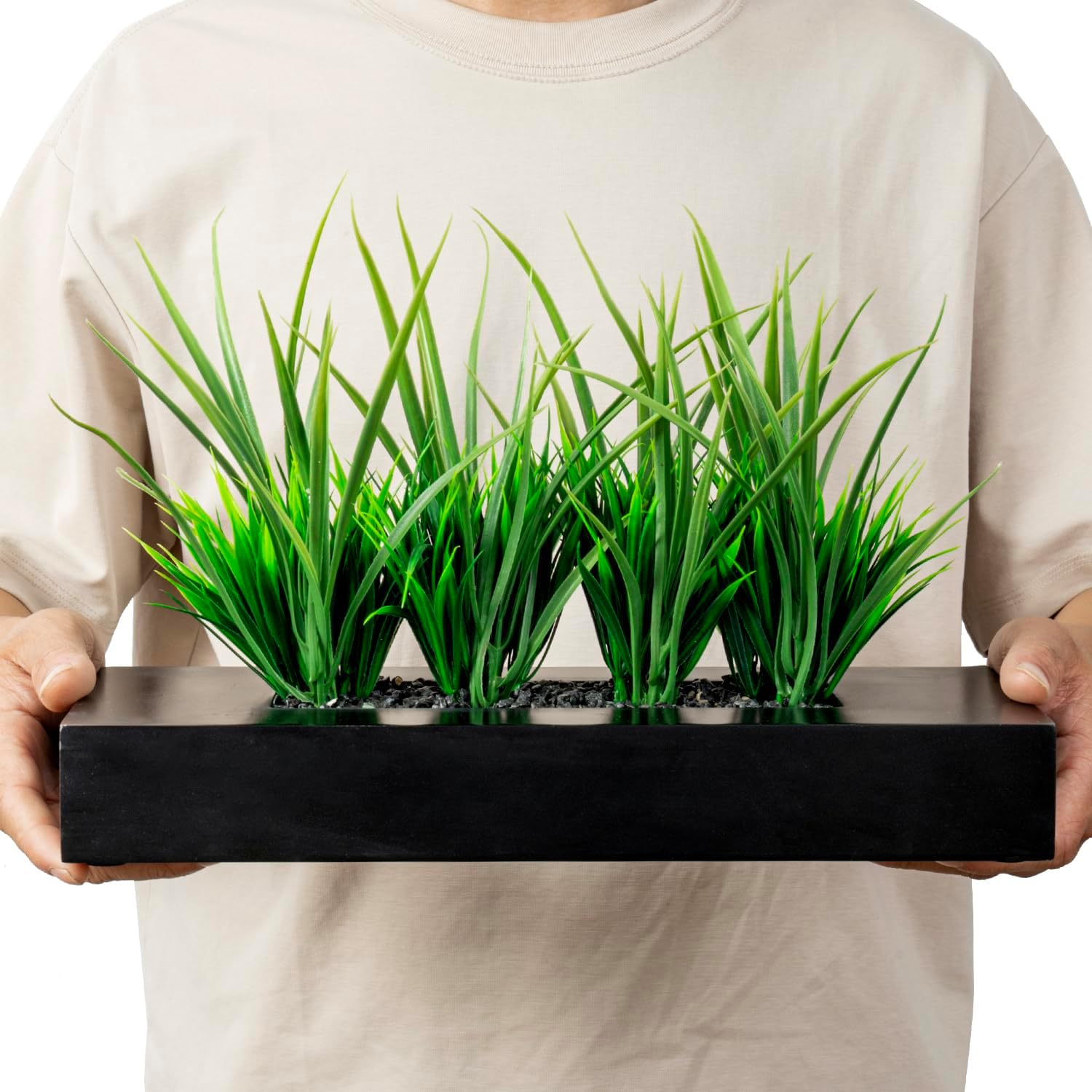 MyGift Artificial Grass Plants in Black Wood Planter