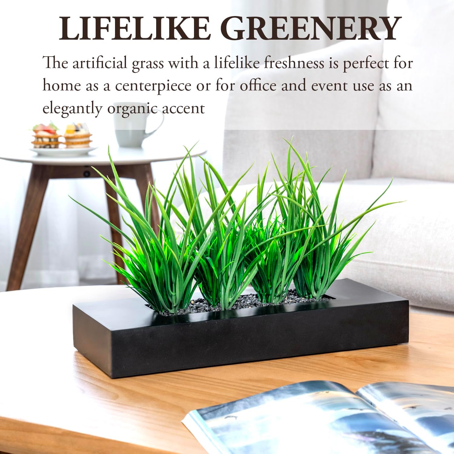 MyGift Artificial Grass Plants in Black Wood Planter