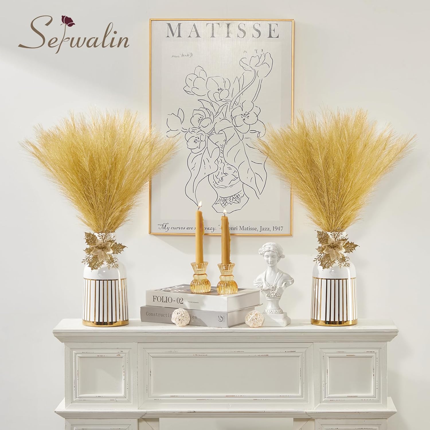 Serwalin 60Pcs Artificial Gold Pampas Grass Decor
