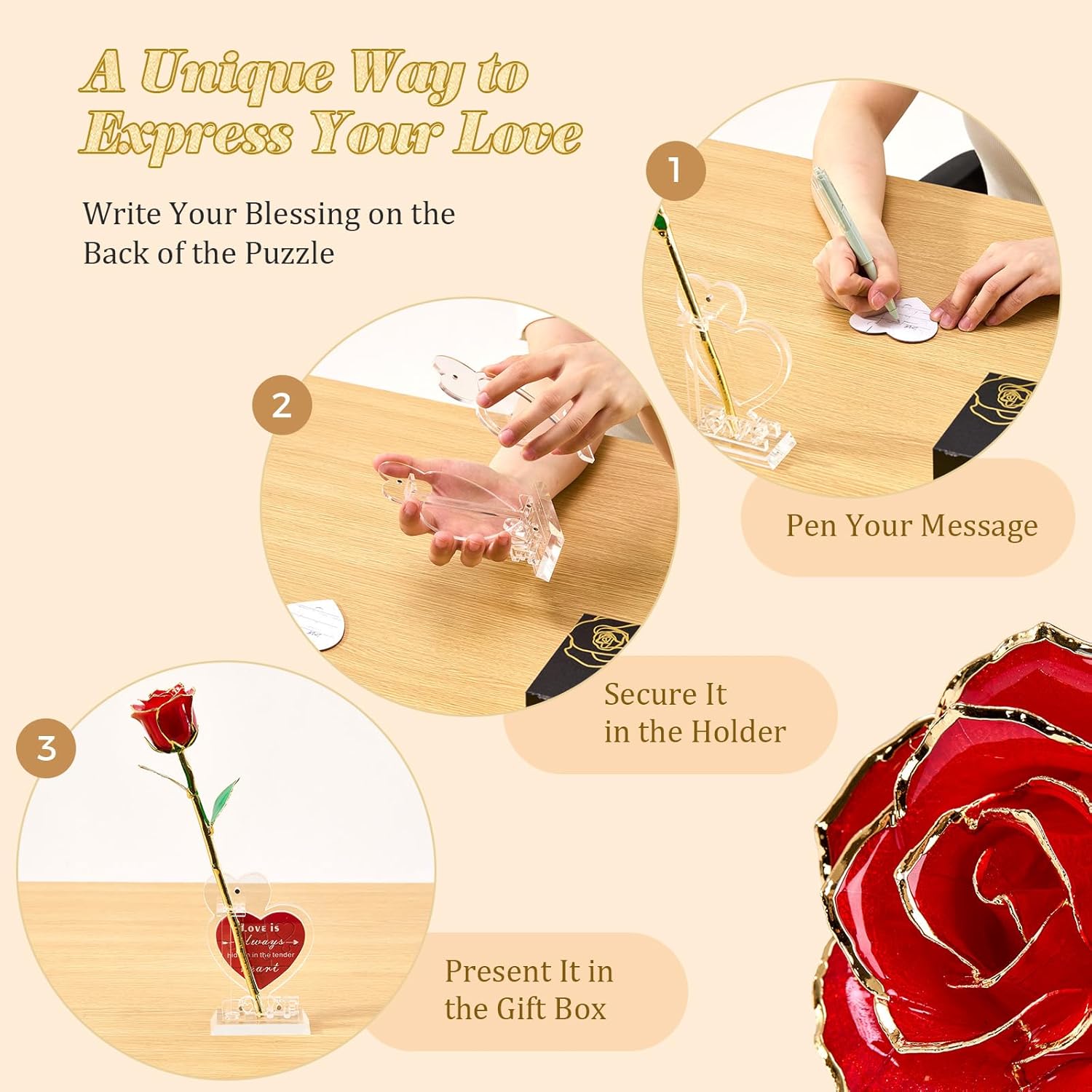 Mikasol Real 24K Gold Dipped Rose with Heart Puzzle Base