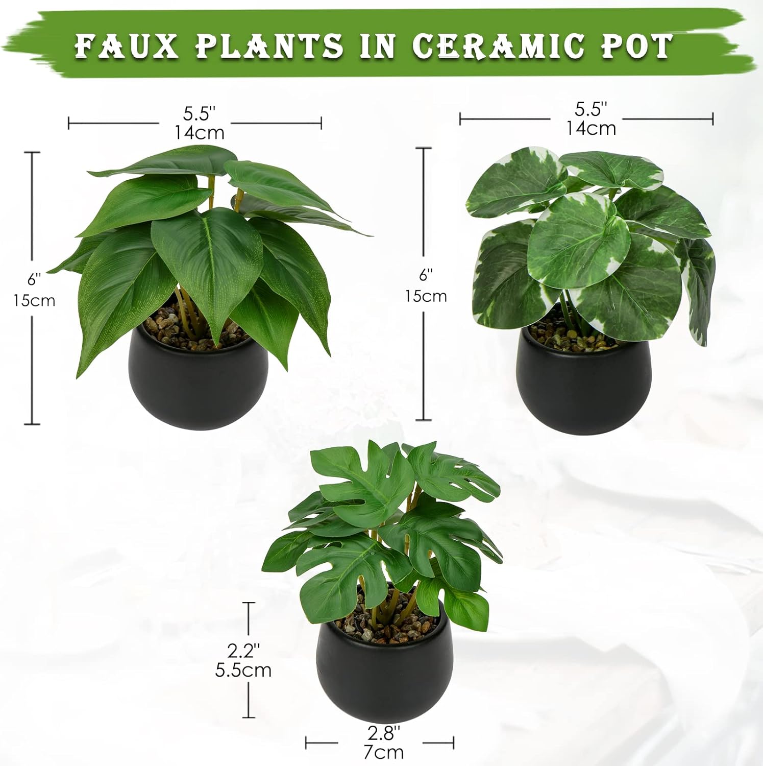 Briful 3PCS Artificial Plants in Black Ceramic Pots