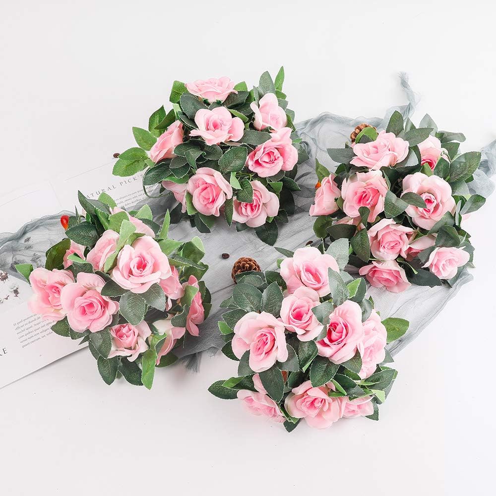 LESING Pink Artificial Rose Vines Garlands 4PCS 288FT