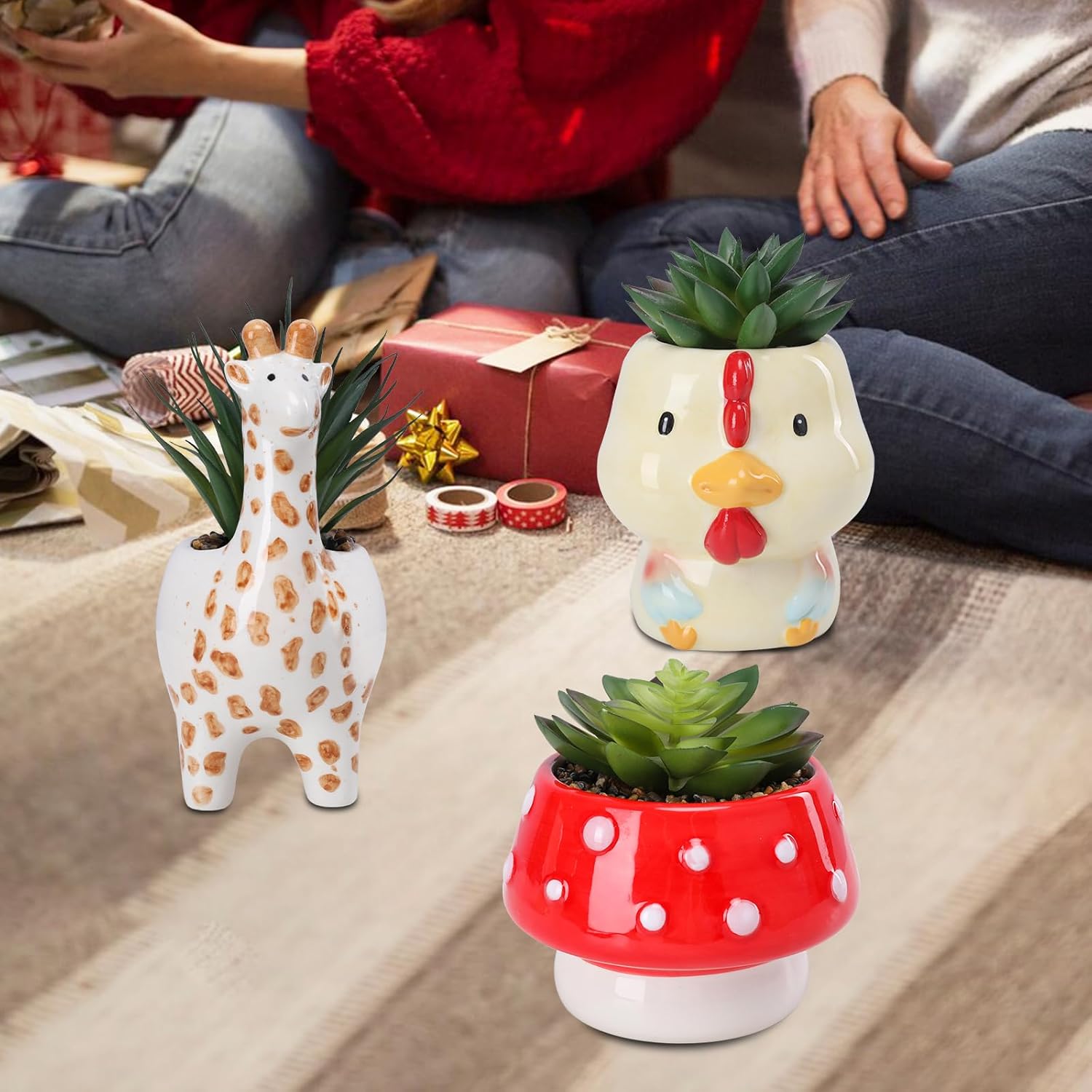 Chonsun Set of 3 Small Fake Succulent Plants in Cute Animal Ceramic Pots