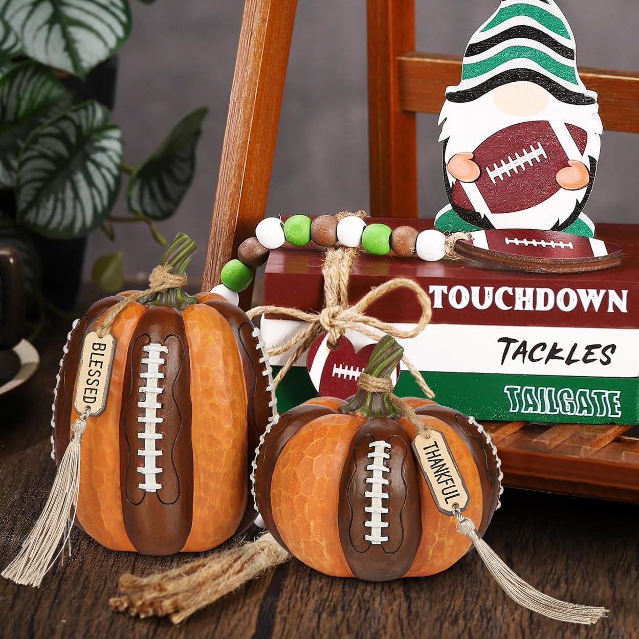 Artificial Football Pumpkins Resin Set of 2 Fall Decor
