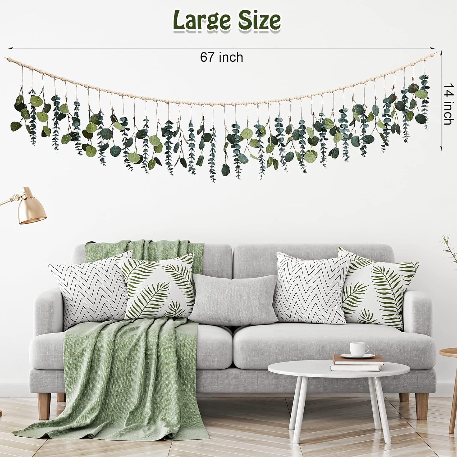 Eucalyptus Wall Decor with LED Lights and Wooden Beads