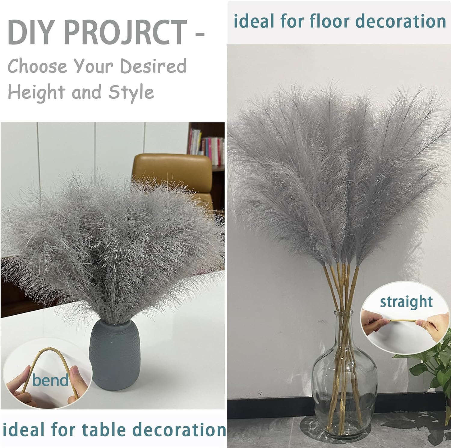 38 Inch 10 Stems Faux Pampas Grass - Grey