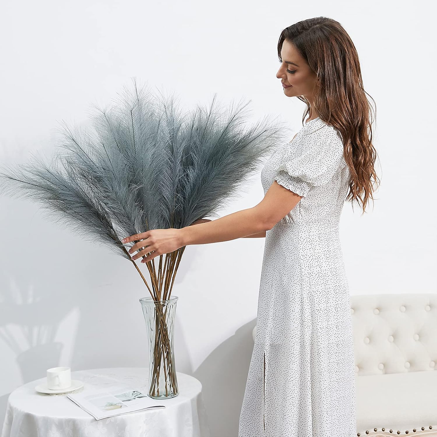 FOTEEWL 8 Pc Faux Pampas Grass Decor Grey