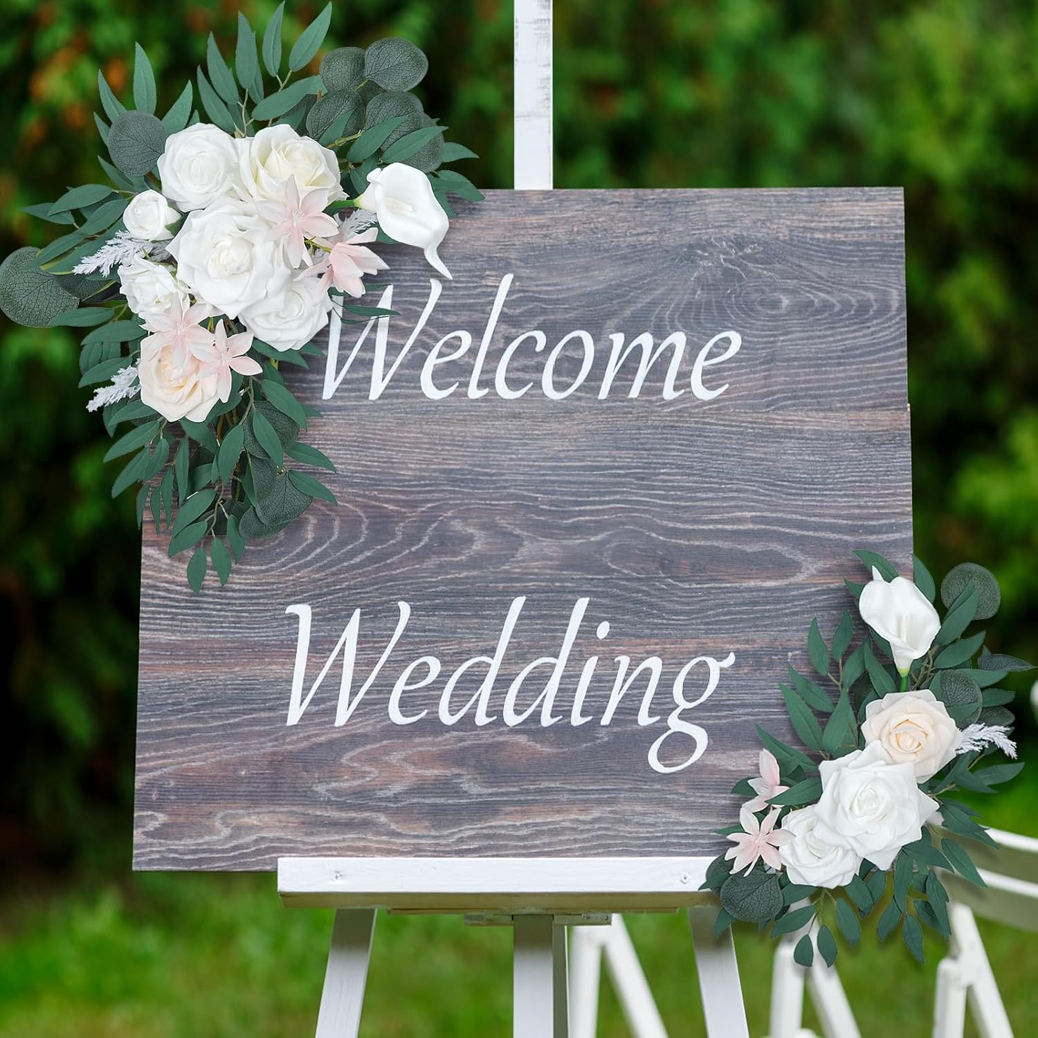 White Faux Wedding Flowers Arch Decor Sign