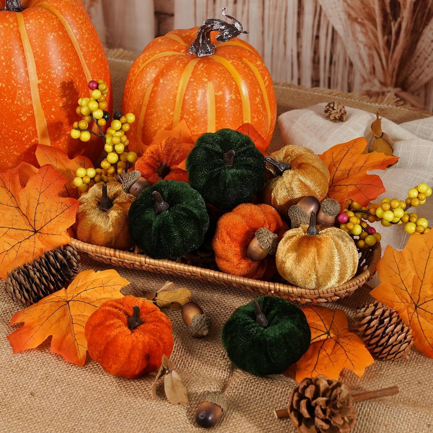 Artmag Fall Decor Set 25PCS Artificial Pumpkins Leaves Cones Berries
