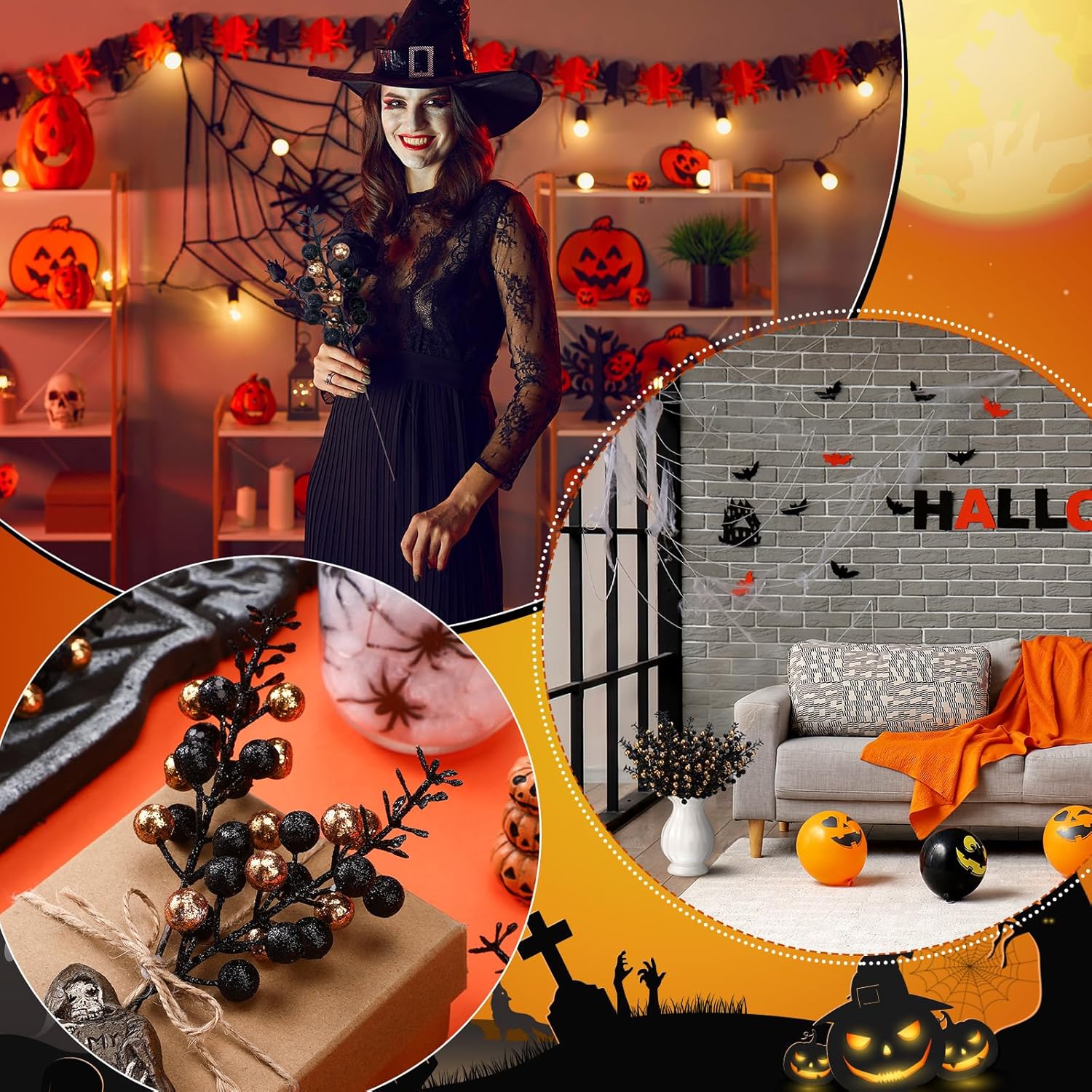 48 Pcs Halloween Glitter Berry Stem Decor