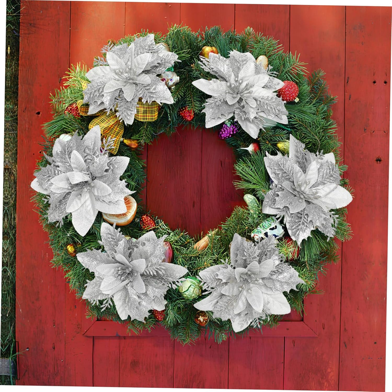 Christmas Glitter Poinsettia Artificial Flowers with Clips and Stems